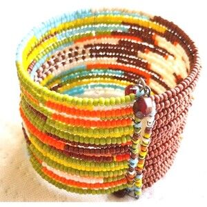 Boho Chic Green Blue Beaded Memory Wire Wrap Bracelet Orange Brown Faceted Beads